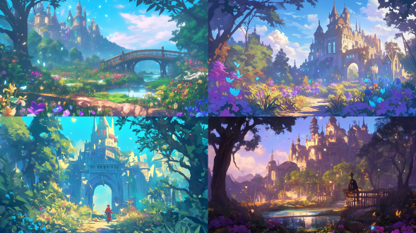 奇幻世界，复古色调，细腻线条，手绘插画，童话森林，梦幻意境，五颜六色鲜花，欧式城堡，傍晚，荧火虫飞舞，美丽震撼，细节丰富，广角镜头，柔和光线，自然光，仰视视角，色彩鲜艳，神秘感。