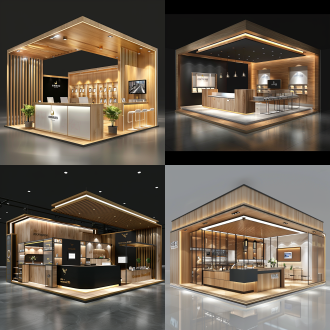 展台设计，展柜储物柜产品，开放式布局，展会环境，广角镜头，自然光，细节清晰，科技感，专业感，木色调，现代感，产品名称为货物展示。展位面积3*3m，高度3m，正面有1个接待台，有侧面有1组柜子空档，顶部一周logo发光灯箱。