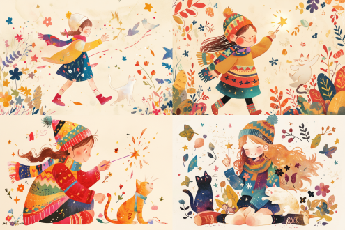 儿童插画风格，调皮小女孩与猫做游戏，纸面具手绘图案，彩色帽子歪戴，妈妈毛衣披肩，短袖短裤混搭，不对称袜子，挥舞魔法棒，浅色背景星星花朵树叶图案，水彩彩铅质感，构图精准，暖色调，柔和光线，广角镜头，欢乐表情，猫咪好奇张望，简洁可爱，手绘纹理，童趣盎然。