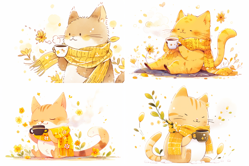 黄色围巾猫端咖啡，彩铅手绘风格，白背景点缀花朵树叶，色彩鲜艳饱满，趣味构图，拟人化表情愉悦，柔和光影，平面卡通感，高饱和度，温暖氛围，细腻纹理，手绘线条，可爱童趣。