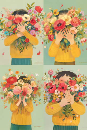 儿童手绘插画，黑发可爱小孩，黄色毛衣配蓝色条纹衬衫，手捧大束鲜花，鲜艳色彩，花瓣重叠饱满，浅绿底色，零星散落花瓣，彩铅油画棒风格，细致描绘，花束密集，趣味构图，柔和光晕，暖色调，细节丰富，童真表情，微笑，正面视角，手绘纹理，艺术感强。