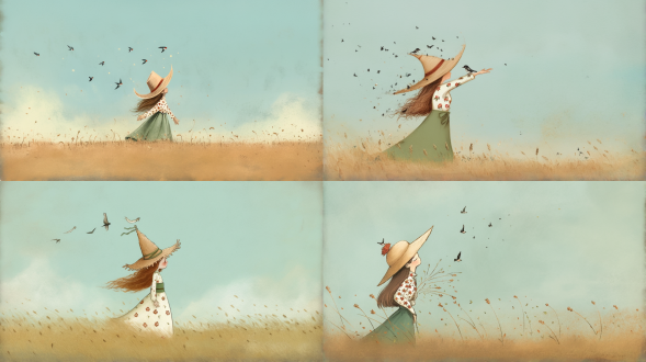 金色麦田，黑色长发女孩，白色碎花衬衫，大草帽，燕子飞翔，麦穗过腰，伸手触麦，蓝色天空，卡通风格，童趣可爱，流畅线条，柔和色调，水彩纹理，细腻刻画，轻盈笔触，温暖阳光，微风拂动，自然光，动态感，欢乐氛围，清新色彩，水彩纸质感，生动细节，田园诗意。