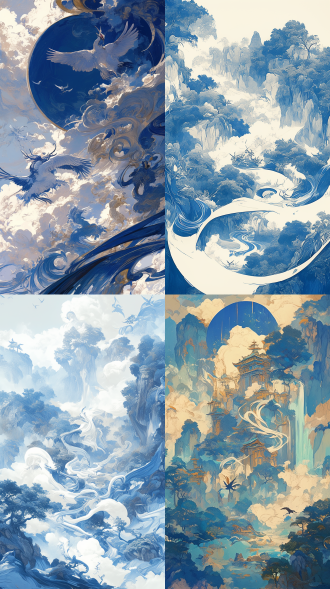 精细白描山景，云雾流水相连，奇幻神兽穿插，仙鹤九色鹿蛟龙，中国传统神话元素，青色主调，传统与现代美学结合，细腻流畅笔触，动感流畅，简洁丰富细节，高对比度，广角镜头，柔光，神话氛围，古典优雅