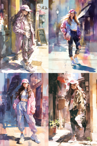 "水彩手绘风格，前卫女生长发嘻哈摇滚穿搭，粉色棒球帽，碎发飘逸，全身像，街边人行道，商铺背景浅色虚化，童话水彩与中国水墨融合，氛围感强，精细刻画，动态感，冷色调与暖色碰撞，侧逆光，广角镜头，人物居中，街景元素，米勒风格光影，沃尔笔触，酷炫表情，洒脱步伐。"