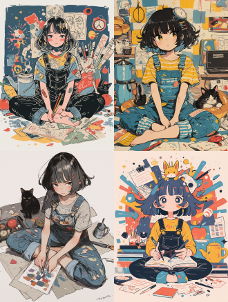 手绘插画，一个女孩正面坐在地上，黑色的头发，头发插着铅笔，穿着有图案的大t恤，蓝色条纹的背带裤，裤腿随意卷起，一只手里拿着画本，一只手里拿着画笔，女孩表情倔强可爱，身上的衣服有颜色的痕迹，女孩四周环绕着咖啡壶，面包，苹果，打开的书，闹钟，睡觉的猫猫，夸张卡通，二次元美少女梦幻，画面惬意温暖，幽默夸张，整体风格是趣味卡通化的，充满童真的氛围。, 超扁平, 手绘涂鸦, 干净背景, 村上隆, 伯顿, 整理法,