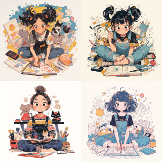 手绘插画，一个女孩正面坐在地上，黑色的头发，头发插着铅笔，穿着有图案的大t恤，蓝色条纹的背带裤，裤腿随意卷起，一只手里拿着画本，一只手里拿着画笔，女孩表情俏皮可爱，身上的衣服有颜色的痕迹，咖啡壶，面包，苹果，打开的书，闹钟，睡觉的猫猫围绕的女孩飞舞，构图趣味、夸张、卡通，二次元美少女梦幻，画面惬意温暖，幽默夸张，整体风格是趣味卡通化的，充满童真的氛围。, 手绘涂鸦, 二维插图, 干净背景, 正视, 全身, 天蓝, 艾尔特, 幻想四季,