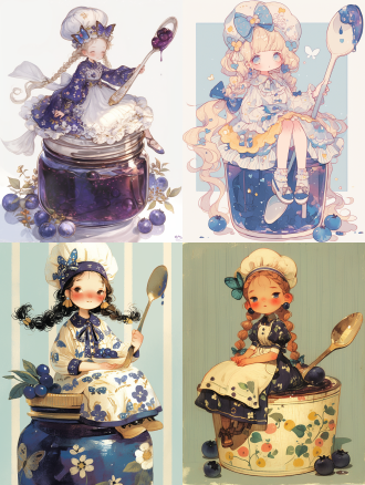 手绘手账插画，一个女孩坐在蓝莓果酱瓶上，手里拿着一根欧式花纹勺子，勺子上粘着果酱，女孩头戴可爱的厨师帽，扎着辫子，头发很长，女孩穿着很欧式的长裙，裙子有很多层，有根蝴蝶节的腰带，蓝莓果酱瓶的瓶口也有根蝴蝶节，蓝莓果酱瓶下散落着几颗蓝莓，背景为浅蓝色的条纹，女孩表情俏皮可爱，人物形象随性而富有动感，构图趣味、夸张、卡通，二次元美少女梦幻，画面惬意温暖，幽默夸张，水彩手账风格，整体趣味卡通化，充满童真的氛围。, 海报风格, 卡通, 日记本风格, 粉彩色, 村上隆, 盖伊,