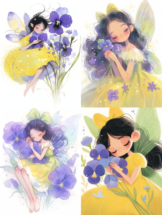 手绘手账插画，一个可爱的精灵，穿浅黄色蓬蓬裙，黑色的长发，头发上系着蝴蝶结，手里拿着两朵三色堇，精灵背上有一双浅绿色的半透明翅膀，三色堇把精灵围绕在中间，精灵侧身蜷曲，表情俏皮可爱，白色背景，构图趣味、夸张、卡通，二次元美少女梦幻，画面惬意温暖，画面惬意温暖，幽默夸张，水彩手账风格，整体趣味卡通化，刻画细腻，充满童真的氛围。, 吉卜力, 涂色书, 平面复古, 干净背景, 全身, 紫黄, 麦克西姆斯, 惠斯勒,