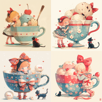 手绘水彩插画，一个浅蓝色底色粉色花朵的咖啡杯，杯里有颜色三个大小颜色不同的冰淇淋球，杯把手上有红色的大蝴蝶结，一个和咖啡杯一样大的可爱女孩，正好奇的弯腰看着冰淇淋球，女孩浅色的短发，戴着可爱的红色帽子，身上穿着蓝色条纹和红色小花朵的连衣裤，腿上穿着红色横条纹的长袜，脚上穿着红色的皮鞋，脚边有只黑色的猫猫，猫猫脖子上也由红色蝴蝶结，女孩表情俏皮可爱，人物形象随性而富有动感，构图趣味、卡通，童话，梦幻，浅米色背景有零星红色爱心的图案，画面惬意温暖，幽默夸张，水彩手账风格，整体趣味卡通化，充满童真的氛围。, 水彩, 二维插图, 平面复古, 干净背景, 全身, 沃霍尔, 切克利, 库沙特, 百科全书,