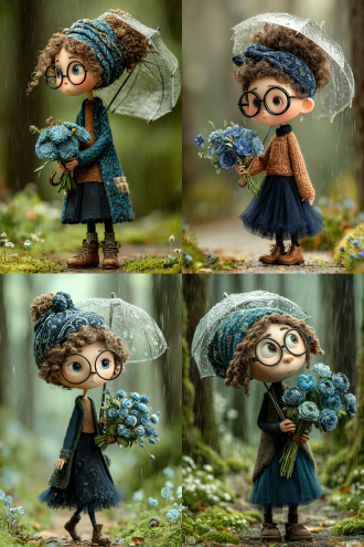 制作真人比例的卡通娃娃，大脑袋纤细的四肢，面部突出大眼睛小巧的鼻和嘴，栗色的卷发，像从梦幻中走出来的样子，头上系着蓝色花纹的头巾，戴着黑色边框的眼镜，咖啡色毛衣和黑色丝绒衬衣，深蓝色纱裙，深咖啡色的皮靴，手里抱着一大簇蓝色深浅不一样的花，另一只手打着透明雨伞，她的雨伞微微倾斜，走在下着雨，地上有草花和苔藓的森林里，雨丝细腻地洒落，伞面泛起轻微的水珠，地上有草花和苔藓的森林里，远处的树木高大而静谧，雨水顺着伞沿轻轻滑落，打湿了她脚边的小花，每一滴雨珠都像是闪烁的水晶，点缀着这个安静的时刻。构图凸显宁静氛围。, 电影风格, 纤维素, 森林, 全身, 自然绿, 电影灯光,