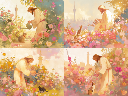 生成一個宗教人物, 耶穌化身為園丁, 在歐式花園打理花朵及拿著水壼澆水, 花朵要粉紅色系, 遠處要有澳門大三巴牌方, 身旁有一隻貓咪跟著他,, 要水彩及卡通q版風格, 整體感覺溫馨浪漫