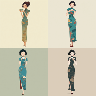 工笔画风格，一位身材高挑，气质出众的女子,发型是手推波浪卷，柳叶眉，唇上带着一丝浅浅的微笑，精致妆容，五官清晰，身着绸缎修身旗袍，旗袍上绣着荷花花纹，手中举着茶杯，站着喝茶，像素1920×1080，纯色背景