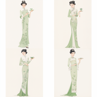 工笔画，一位身材高挑，气质出众的女子,波浪卷的头发，柳叶眉，唇上带着一丝浅浅的微笑，精致妆容，五官清晰，白皙的皮肤，身着浅绿色修身旗袍，旗袍上绣着荷花花纹，手中举着茶杯，站着喝茶，半身像，像素1920×1080，纯色背景