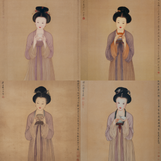 工笔画，年轻的古代女子，身材高挑，梳着精致的发髻，身穿浅紫色轻纱衣服，鹅蛋脸，柳叶眉，杏仁眼，樱桃小嘴，嘴边挂着浅浅的笑，站着喝茶，纯色背景，16k超清画质