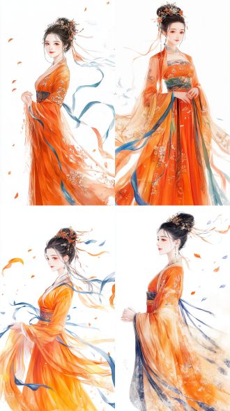 中国画风格，一位端庄温婉的唐代女性，身材高挑，妆容精致，嘴角含笑，梳着精致的高发髻，身穿橘色裙子，上面绣着精致的图案，蓝、橘色丝带自然的漂浮在四周，纯白色的背景呈现出一种静谧，温和的氛围，32k超清大图