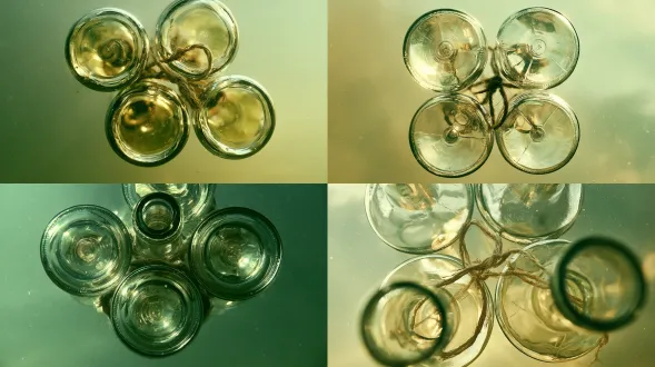 strict underwater bottom-up shot, camera directly below, pointing perfectly straight upward at 90 degrees, four transparent glass bottles submerged in slightly cloudy pale yellow meltwater, viewed strictly from underneath, all four circular bottle bottoms facing the camera directly and clearly visible, arranged in a tight 2x2 grouping, the lower parts of the bottles loosely bound together with a simple rough rope loop, soft natural yellowish turbidity from melted ice, subtle suspended particles, not blue, not muddy, no visible tank edges, no visible container walls, no corner perspective, minimal perspective distortion, clean geometric composition, realistic glass refraction, photorealistic, cinematic realism