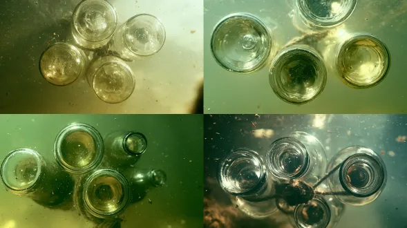strict underwater bottom-up shot, camera submerged and positioned directly below, pointing perfectly straight upward at 90 degrees, clear camera-water-subject relationship, a visible layer of water in front of the lens, near-lens watery texture and refractive distortion, as if looking through water toward the bottles. four transparent glass bottles submerged in pale yellowish murky meltwater, viewed strictly from underneath, their circular bottle bottoms facing the camera directly. the four bottles are slightly loosely arranged rather than tightly packed, with their lower bodies simply tied together by a rough rope loop. the four bottle bottoms dominate the composition, filling about 80% of the frame. water is more turbid, with more suspended particles, small impurities, fine debris, and cloudy yellowish haze from melted ice, not blue, not muddy brown, not filthy. subtle floating specks throughout the water, realistic underwater density, realistic glass refraction, photorealistic, geometric composition, cinematic realism, no visible tank edges, no visible container walls, no corner perspective, no angled view, minimal perspective distortion