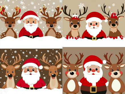 两只卡通小鹿在左右两边，中间是卡通圣诞爷爷，红丝棕色为主色调，风格与参考图片完全一致