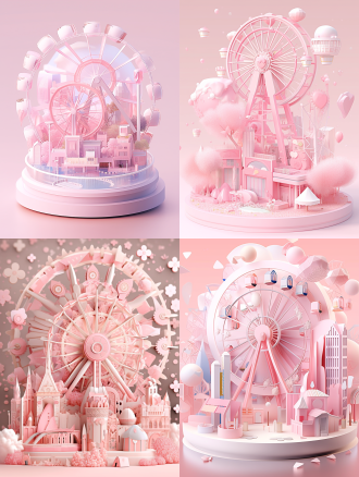 3d微缩景观，摩天轮粉白色，以城市为背景，白色和粉色，色彩缤纷，玻璃质感，透明，柔软的雕塑，珍珠光泽，梦幻般的奇幻现实主义风格场景，渲染使用广角镜头和景深，创造纸插图风格的八角形阴影，闪闪发光，半透明，具有轴移摄影效果和超清晰的细节，明亮的色彩，大胆的配色，和模糊的前景。