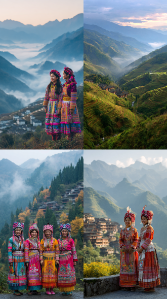 哀牢山景区五折折页，壮丽山景，云雾缭绕，梯田层叠，瀑布飞流，当地哈尼族服饰，色彩鲜艳，人物微笑，传统村落，晨光柔和，全景构图，高清晰度，自然色调，广角镜头，侧逆光，宁静祥和，生态和谐，文化底蕴，细节丰富。