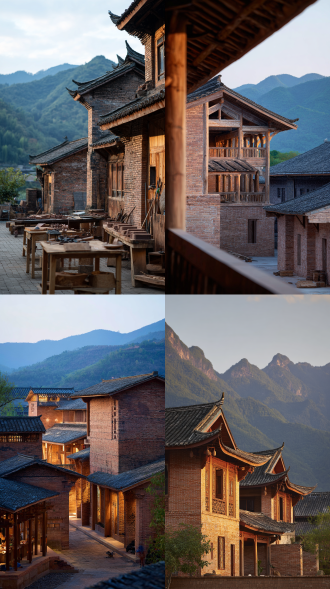 两层非遗工坊建筑，全景构图，传统砖木结构，飞檐翘角，60mm镜头，黄昏光线，暖色调，前景展示手工艺人制作场景，中景建筑细节，远山背景，自然柔和光影，木质纹理清晰，手工雕刻元素，文化氛围厚重，宁静感