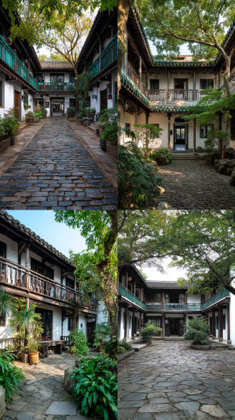 "非遗工坊建筑，白墙青瓦，两层结构，15米乘15米，二楼观景台，中式庭院景观，对称构图，自然光线，柔和的晨光，广角镜头，高细节，木质栏杆，传统屋檐，宁静氛围，古朴质感，青石板小径，绿植点缀，暖色调，历史感，文化传承，宁静致远。"