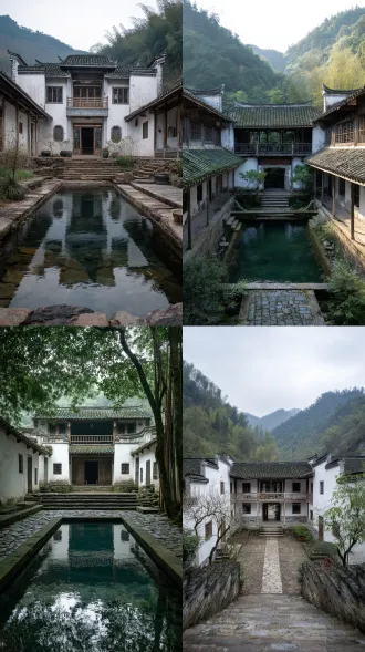 非遗工坊建筑，白墙青瓦，两层结构，对称布局，庭院中央，鱼耕文化装饰，二楼观景台，木雕窗棂，传统瓦当，石阶小路，竹林环绕，晨雾朦胧，广角镜头，自然光，低角度拍摄，浅景深，青绿色调，宁静感，历史厚重感。
