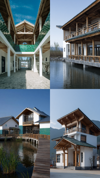 现代非遗工坊建筑，白墙青瓦点缀木结构，两层结构，15米乘15米占地，二楼含观景效果，体现鱼耕文化