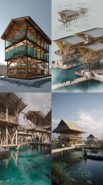 现代非遗工坊建筑，体现鱼耕文化。两层结构，占地15米乘15