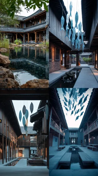 现代非遗工坊建筑体现鱼耕文化，两层结构，占地15米乘15，对称布局，木质与砖混结合，传统斜屋顶，屋檐下悬挂鱼形装饰，庭院内有水景与稻田模型，自然光照，浅景深，35mm镜头，青灰色与木质原色，宁静和谐，文化传承氛围。