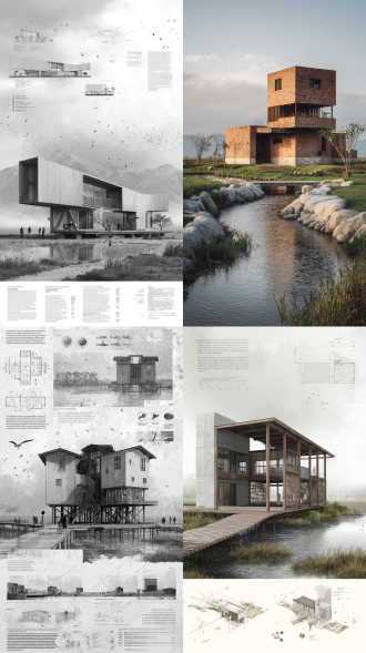 现代非遗工坊建筑，体现鱼耕文化。两层结构，方形建筑，异形
