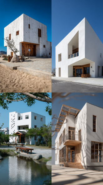 现代非遗工坊建筑，体现鱼耕文化。两层结构，方形建筑，微异形，白墙，少量木纹