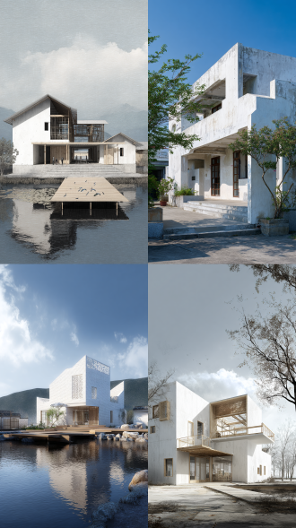 现代非遗工坊建筑，体现鱼耕文化。两层结构，微异形，白墙，少量木纹，二楼退台