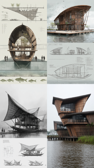 现代非遗工坊建筑，体现鱼耕文化。两层结构，舟状，异形