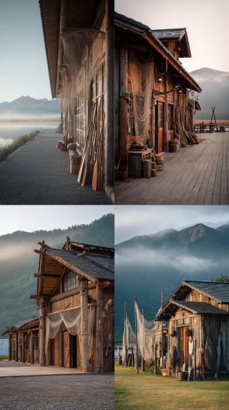 渔猎文化展馆长条形建筑，乡村风格，木质结构，斜屋顶，渔网、船桨装饰，粗犷纹理，自然环境环绕，远山湖泊，晨雾弥漫，侧光照射，暖色调，广角镜头，高对比度，古朴厚重，宁静祥和