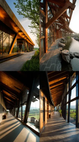 渔猎文化展馆，长条形现代乡村建筑，木质与玻璃结合，几何线条突出，自然融合，开放式设计，大落地窗，暖色调灯光，斜阳照射，广角镜头，高对比度，细腻纹理，环境静谧，文化元素装饰，屋檐延伸，现代感与传统结合，简约风格，自然景观背景，柔和阴影，层次丰富