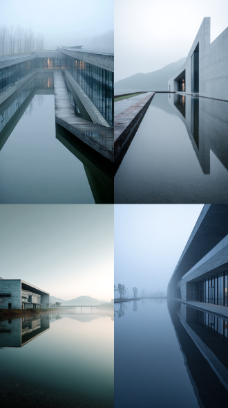渔猎文化展馆，长条形现代建筑，远景构图，新村环境，极简主义风格，玻璃与混凝土结构，水平线条，自然光线，浅色调，广角镜头，对称布局，水面倒影，宁静氛围，晨雾笼罩，冷色滤镜，低饱和度，几何美感，空旷感，未来感