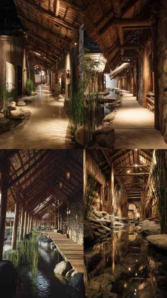 渔猎文化展馆建筑设计，乡村风格，木质结构与茅草屋顶，开放式长廊，自然石材墙面，周边环绕水域与芦苇，斜阳照射，柔焦效果，广角镜头，低角度拍摄，温暖色调，静谧氛围，传统渔具装饰，质朴纹理，自然光照，生态融合，古朴情感。