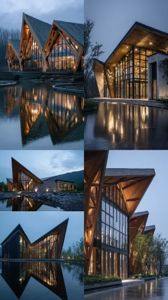 渔猎文化展馆建筑设计，现代乡村风格，几何线条与木质结构，大面积玻璃幕墙，融入传统渔猎元素，如渔网、船桨装饰，自然光照，周边绿植环绕，水面倒影，简约色调，暖色木材与冷色钢材对比，宁静和谐氛围，现代感与乡土情怀交融。