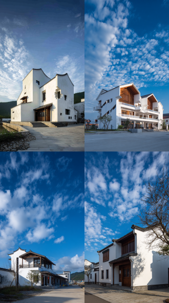 现代非遗工坊建筑，体现鱼耕文化，两层微异形结构，白墙与木纹装饰，二楼退台设计，长条建筑布局，蓝天白云背景，自然光线，广角镜头，高饱和度色彩，鱼形装饰细节，传统与现代融合，宁静氛围，对称构图，浅景深，晨光斜射。