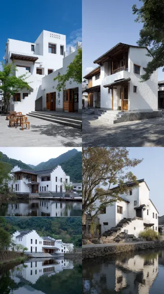 现代非遗工坊建筑，体现鱼耕文化。两层结构，微异形，白墙，少量木纹，二楼退台，长条建筑