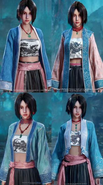 2.5d动漫，画江湖之不良人姬如雪cosplay， "prompt": "a girl with short black hair, brown eyes, wearing a blue and white traditional chinese outfit with intricate patterns, a red necklace with a green pendant. the background is blurred with shades of blue and dark tones."身着粉色丝绸传统外袍，内搭绣有黑龙图案的白色抹胸上衣，搭配飘逸的黑色长裙，腰间系着粉色腰带，戴着银项链和黑色耳环。