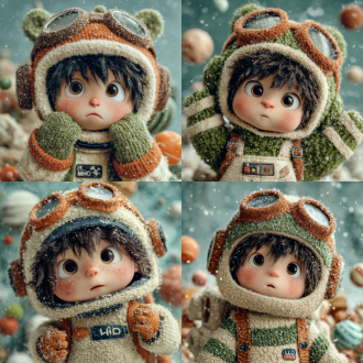 一个可爱的中国小男孩，3d皮克斯风格，富有表现力的大眼睛，穿着宇航服，背景是梦幻的星空和星球，辛烷渲染，充满童趣，细节丰富，杰作