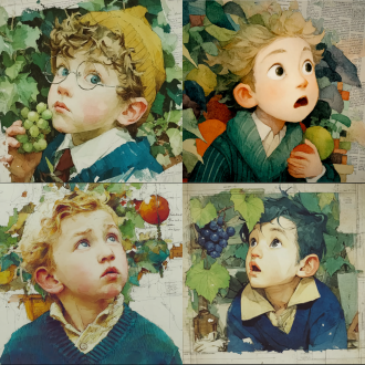 艺术插画风格的男孩肖像，笔触细腻，色彩柔和，眼神充满故事感，穿着复古的学院风毛衣，背景是充满想象力的抽象花园，水彩晕染效果，光线透过树叶斑驳地洒下，艺术大师级构图，充满诗意和梦幻感