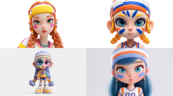 白色背景，3d卡通风格女孩，精致的脸部，脸上画着脸彩，夏季潮流时尚服装，泡泡玛特配色，亮丽配色，他是足球宝贝，由pop mart制作，光滑细腻，黏土材料，辛烷值渲染，超细节，8k,