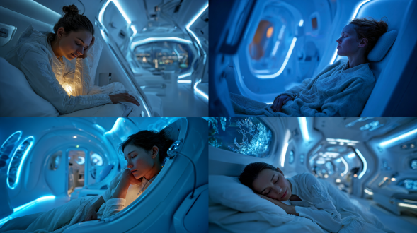 教师午休太空舱，未来感设计，独立舱体，柔和蓝色灯光，透明舱门，教师闭目养神，舒适姿态，科技感座椅，简约现代风格，冷色调，广角镜头，低角度拍摄，柔和漫射光，安静氛围，充电状态，未来城市背景，高效与宁静结合。