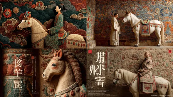 参考图片中的马，制作a3竖版的马与敦煌的场景海报，保持角色形象原封不动