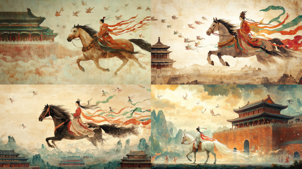 参考图片中的马，制作a3竖版的马与敦煌的场景海报，保持角色形象原封不动，加如飞天飘带环绕着马