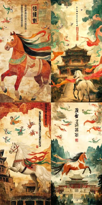 参考图片中的马，制作a3竖版的马与敦煌的场景海报，保持角色形象原封不动，加如飞天飘带环绕着马