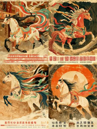 依照参考图片马的形象，生成飞天敦煌环保海报，融入飘带